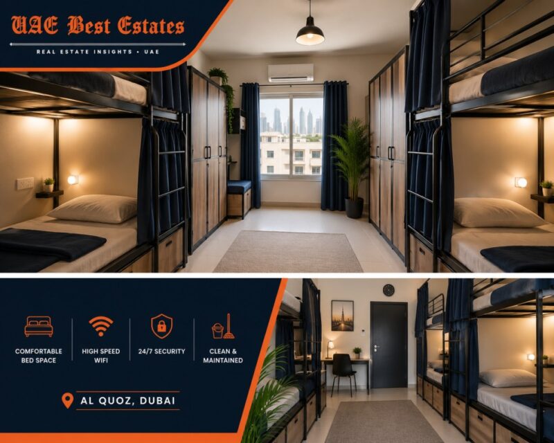 bed space shared accommodation Al Quoz Dubai 2026