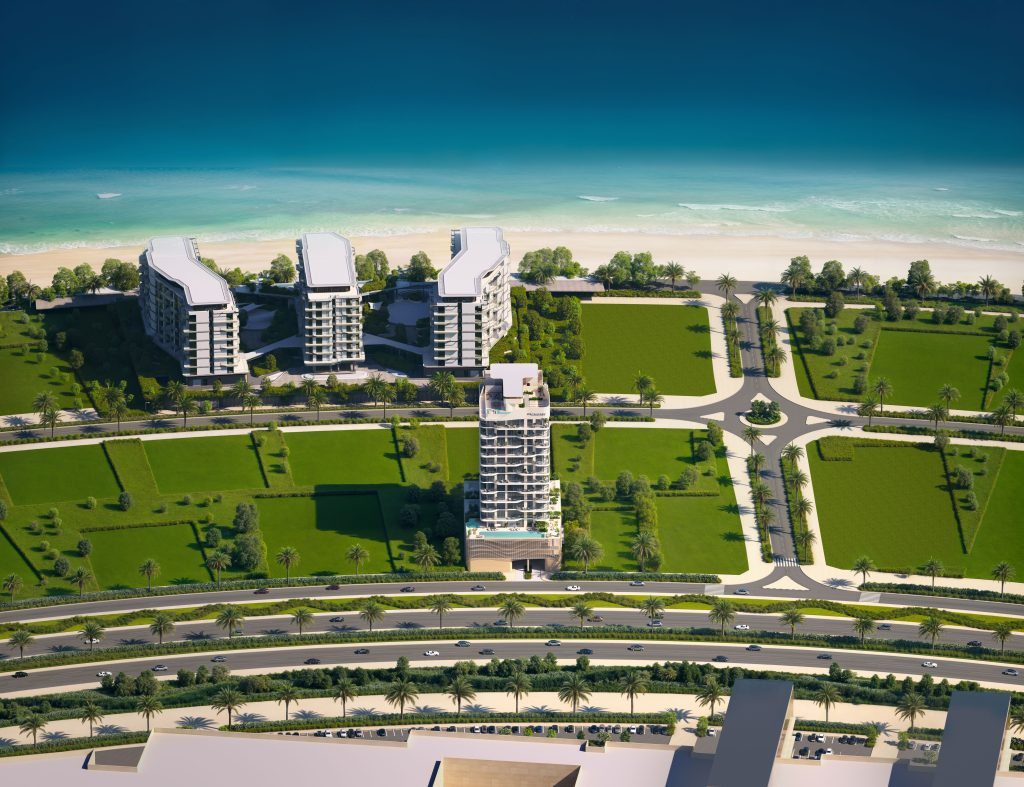 Open-plan luxury apartment interior with floor-to-ceiling windows and ocean views