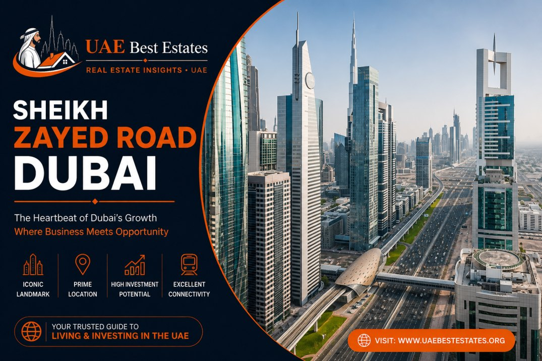 Horizontal bar chart comparing annual one-bedroom rent ranges across Sheikh Zayed Road corridors in Dubai, July 2026