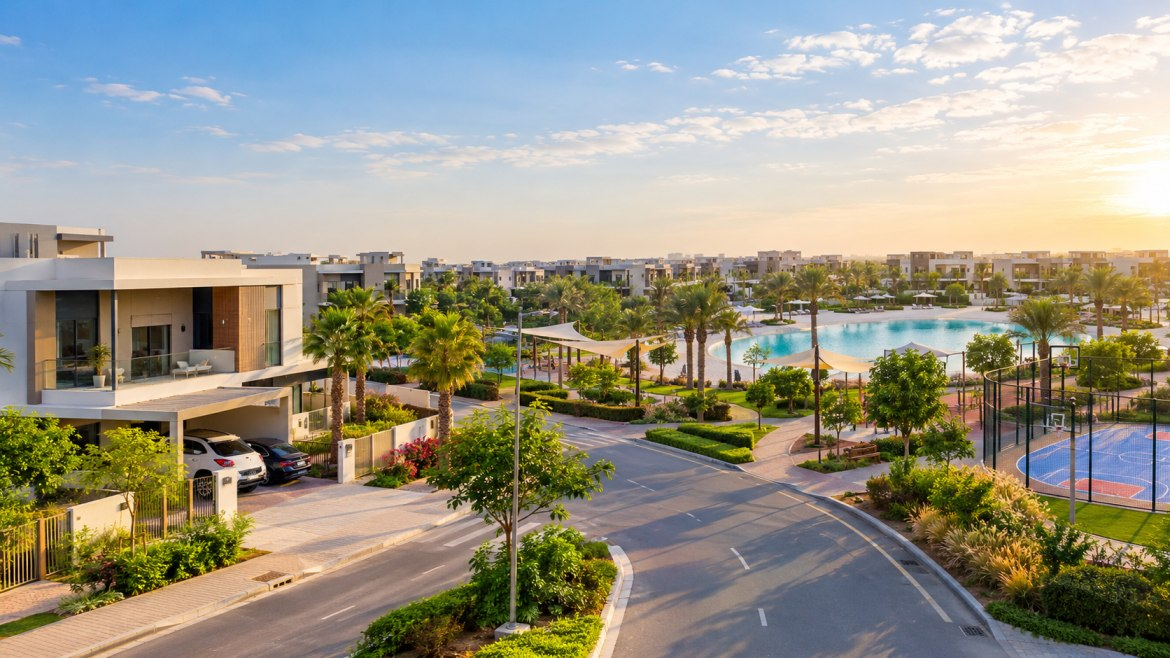 DAMAC Hills 2 Dubai villas, landscaped gardens, and community leisure facilities