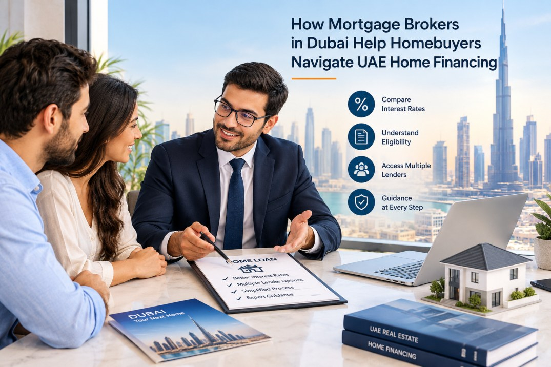 Text: Mortgage broker in Dubai guiding homebuyers through UAE home financing, mortgage rates, and loan eligibility.
