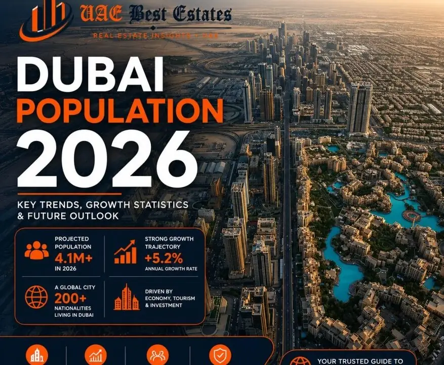 Dubai population 2026 infographic with skyline and growth statistics
