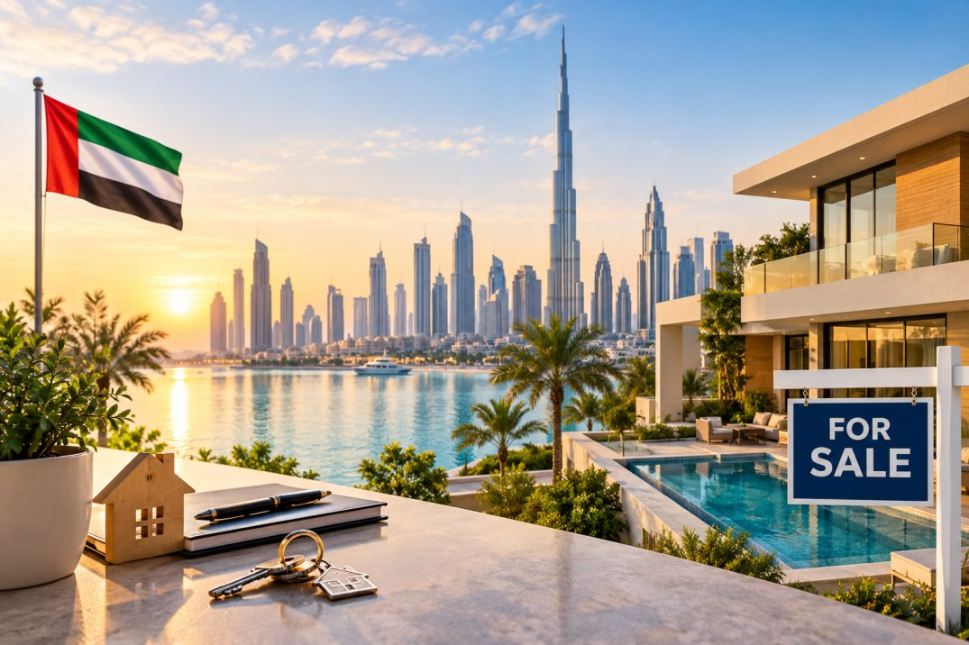 Buying property in the UAE with a luxury villa and Dubai skyline.