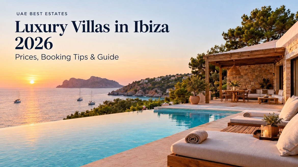 Luxury Ibiza villa with infinity pool overlooking the Mediterranean Sea at sunset