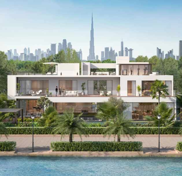 Modern Dubai villa with Burj Khalifa skyline in the background