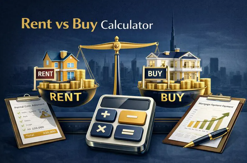 Rent vs buy calculator Dubai: scales balancing a rented home against a purchased villa, with a calculator and mortgage payment chart